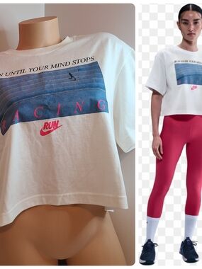 Nike "Run Racing" Graphic Cropped Tee - White with Blue & Pink Size M